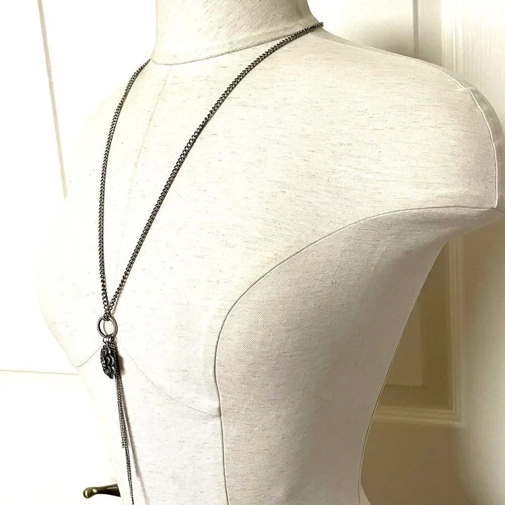 Silver tone flower tassel chain long necklace